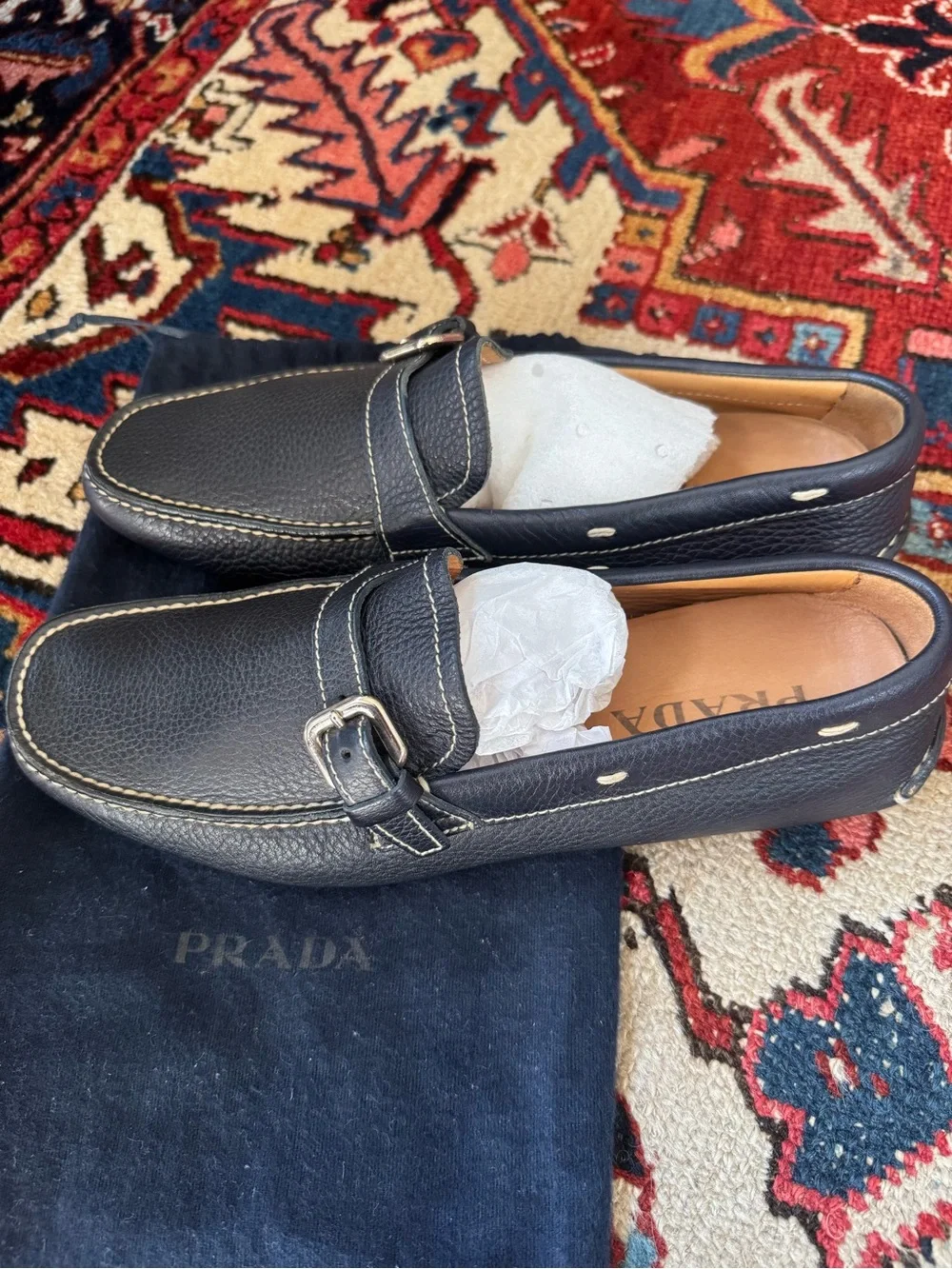 Prada Navy Blue Leather Buckle Loafers